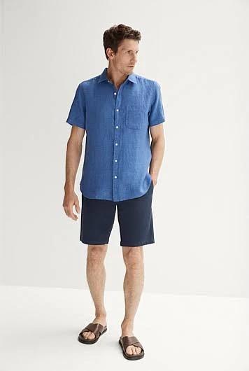 Trenery Regular Fit Delave Linen Short Sleeve Shirt in Mineral Blue Medium Mineral AU502727