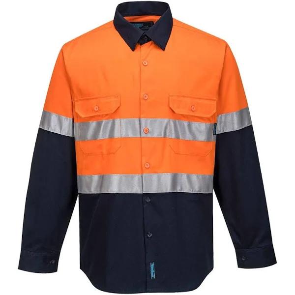 Portwest Hi-Vis Two Tone Regular Weight Long Sleeve Shirt with Tape MA101, Orange/Navy / 9XL