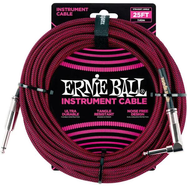 Ernie Ball 25' Braided Straight / Angle Instrument Cable - Black / Red