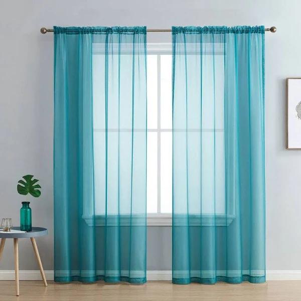 Pair of Teal Sheer Curtain Luxton Rod Pocket Voile Curtains (Teal Green)