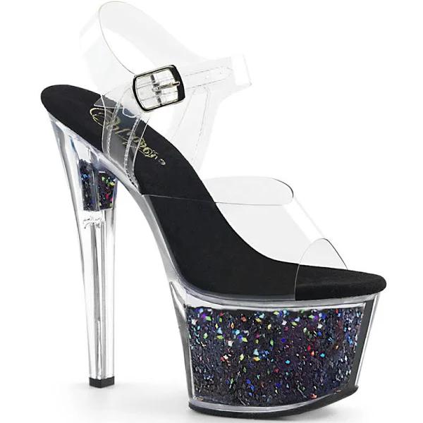 Pleaser SKY-308GF Clear/Black Multi Glitter Platform Sandal Size 8