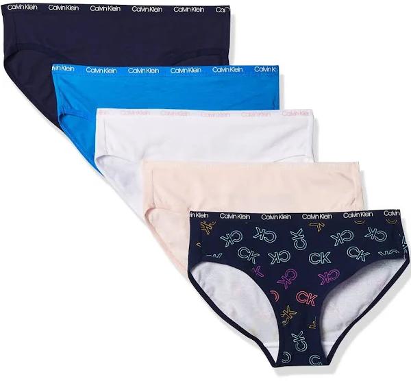 Calvin Klein Girls' Underwear Cotton Bikini Briefs Panty, 5 Pack - French Blue/Crystal Pink/Ck Rainbow/White/Symphony