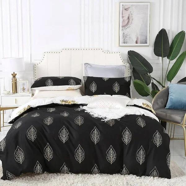 Reversible Design King Size Black Gold Duvet Doona Quilt Cover Set