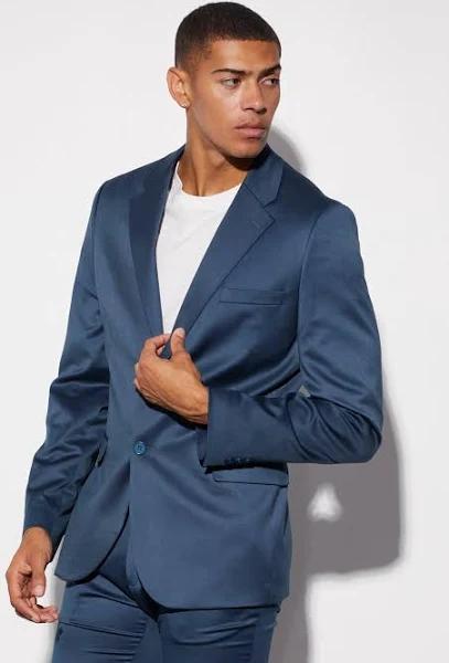 Mens Navy Skinny Satin Suit Jacket