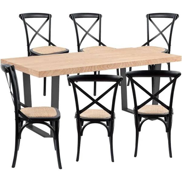 Petunia 7pc 180cm Dining Table Set 6 Cross Back Chair Elm Timber Wood Metal Leg