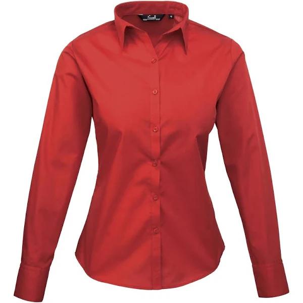 Premier Womens/Ladies Poplin Long Sleeve Blouse / Plain Work Shirt Red 20