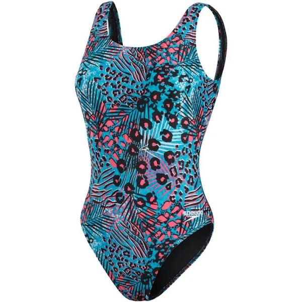 Speedo Logo Deep U-back Swimsuit - Blue / Pink - Girls 28