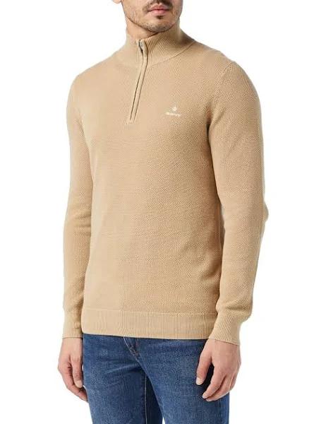 Gant Cotton Pique Half Zip Knit Dark Khaki Tan M