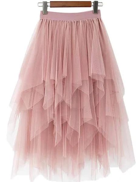 LBKKC Women's Tulle Skirt Formal High Low Asymmetrical Midi Tea-Length Elastic Waist Tutu Skirts