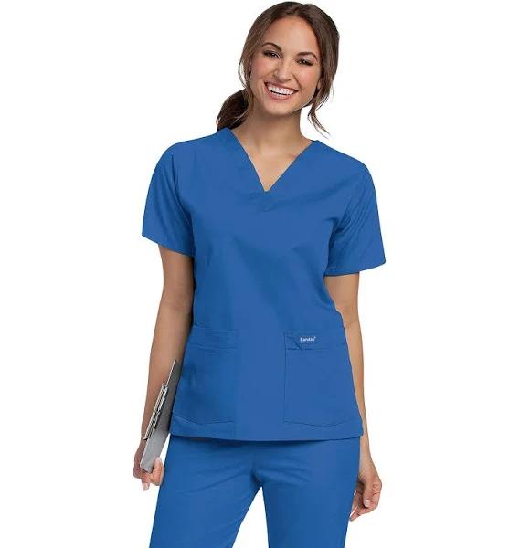 Landau Women's V-Neck Four Pocket Scrub Top - L - Royal