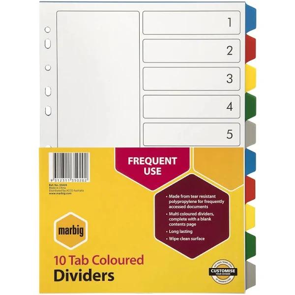 Marbig Indices & Dividers 10 Tab PP A4 Multi Colour