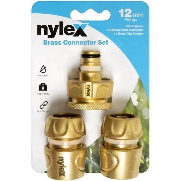 Nylex Brass Hose End Connector Tap 3 Piece Fitting Set 12mm