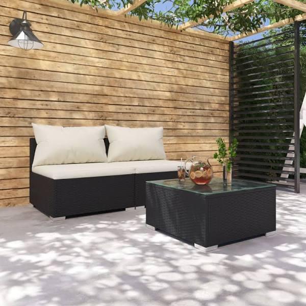 vidaXL 3 Piece Garden Lounge Set with Cushions Poly Rattan Black