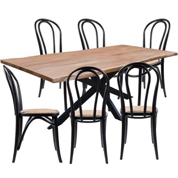 Lantana 7pc 210cm Dining Table 6 Black Arched Back Chair Set Live Edge Acacia