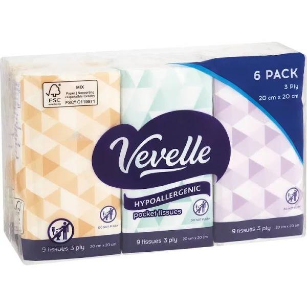 Vevelle 3 Ply 9 Sheets Hypoallergenic Facial Tissues 6 Pack