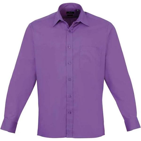 Premier Mens Poplin Long-Sleeved Shirt Rich Violet 17in Polyester Cotton Mens Shirt