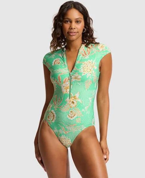 Seafolly Eden Zip Front One Piece in Green 16