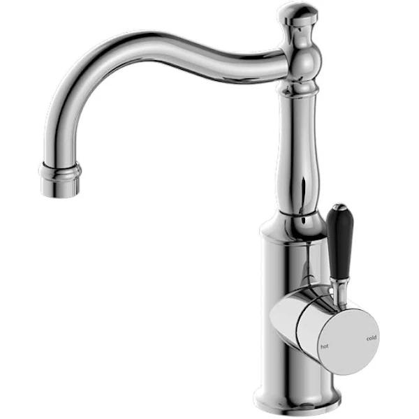 Nero York Basin Mixer Hook Spout With Black Porcelain Lever Chrome