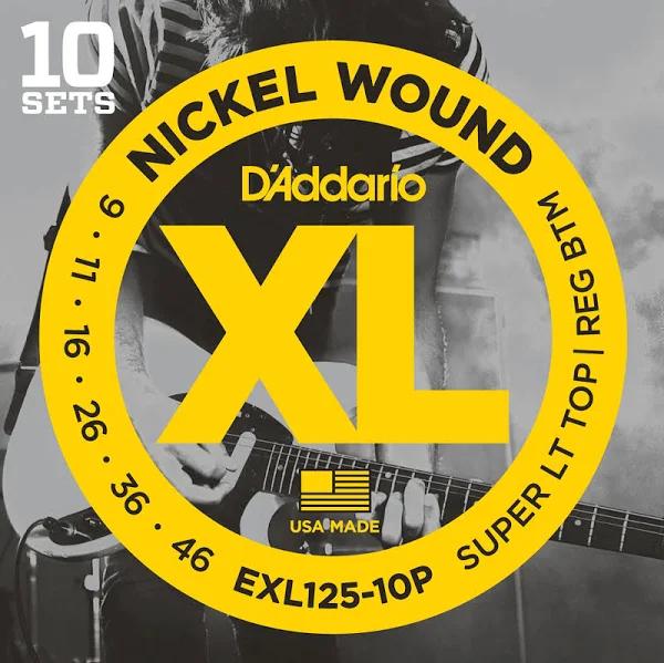 D'Addario EXL125-10P Nickel Wound Electric Guitar Strings, Super Light Top/ Regular Bottom, 9-46, 10