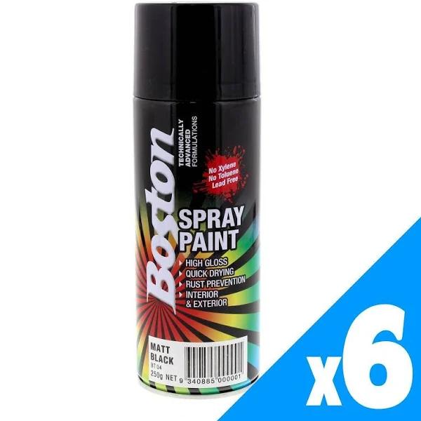 Matt Black Spray Paint Can 250g Boston Quick Drying Rust Prevention 6 Pack - AfterPay & zipPay Available