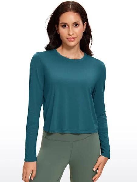 CRZ Yoga Women's Yoga Loose Fit Tops Pima Cotton Cropped Long Sleeve Borealis Green / S