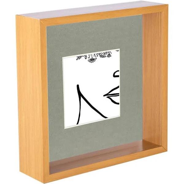 Nicola Spring 3D Deep Box Photo Frame - 8 x 8" With 4 x 4" Mount - Light Wood/Grey