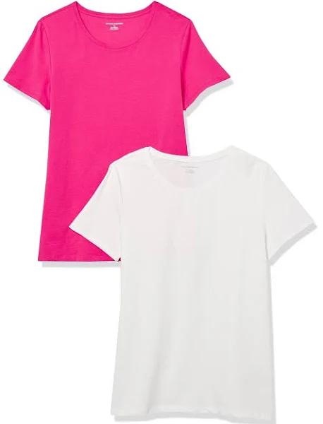 Amazon Essentials Women's Classic-Fit Short-Sleeve Crewneck T-Shirt, Pack of 2, Bright Pink/White, Large