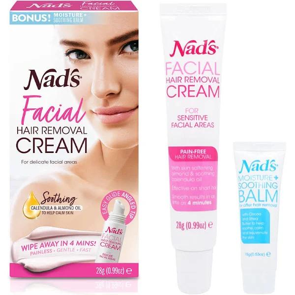 Nad's Facial Hair Removal Cream and Soothing Balm, All Skin Types, Face Hair Remover, 28g