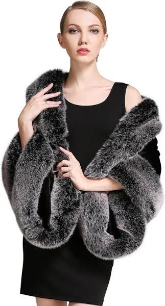 Women's Faux Fur Shawl Wrap Stoles For Bridal Wedding Dresses-S64 Blac