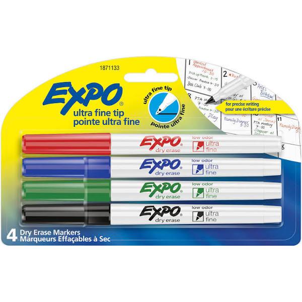 Expo Low Odor Dry Erase Markers, Ultra-fine Tip, Assorted Colors, 4 Count