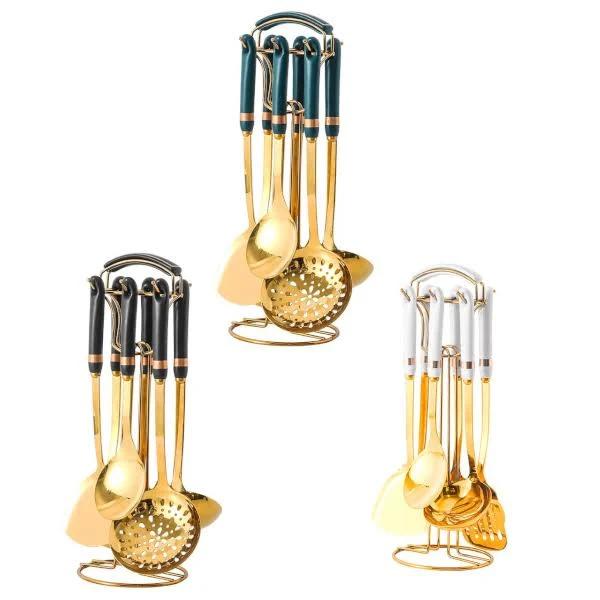 Golden Stainless Steel Kitchen Utensil Set with Colourful Ceramic Handles Cooking Utensils