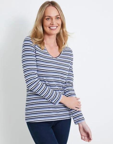 Rivers V Neck Long Sleeve Tee - Size 8 - Mens - Blue Stripe