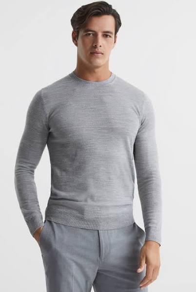 Reiss Mens Soft Grey Mouli Wessex Crewneck Merino-wool Jumper XL