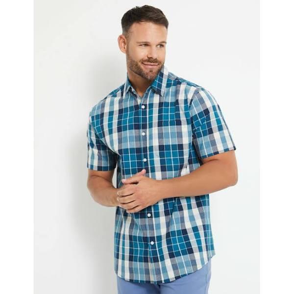 Rivers Short Sleeve Check Cotton Shirt - Size 4XL - Mens - Teal Check