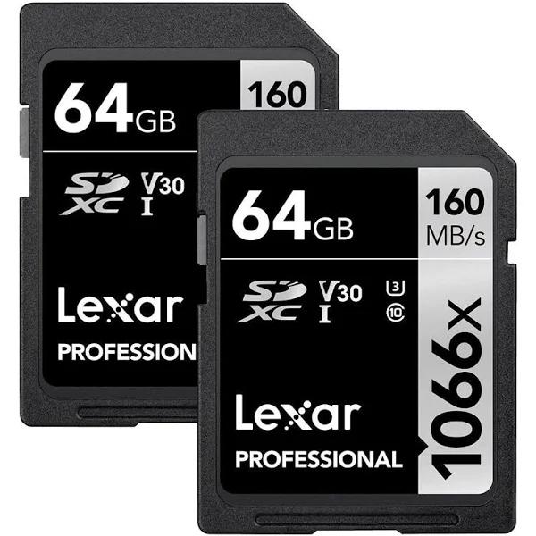 Lexar 64GB Professional 1066x UHS-I SDXC Memory Card SILVER Series, 2-Pack [64GB 1TB], Multi Packs, Class 10 U3 V30, 160MB/s 1066x, Silver LSD1066064G