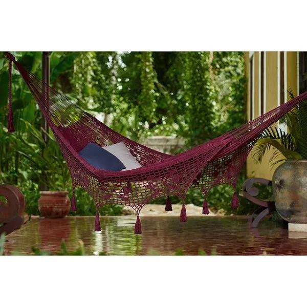 Queen Size Deluxe Outdoor Cotton Mexican Hammock in Maroon Colour