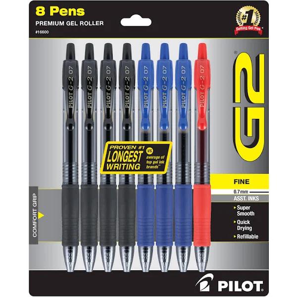 Pilot G2 Premium Refillable and Retractable Gel Ink Pens, Fine Point (0.7mm), 3 Colors, 8 Count (16600)