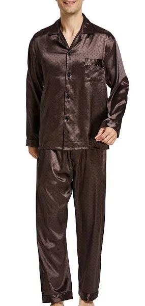 Men's Satin Pajamas Long Button-Down Pj Set Sleepwear Loungewear