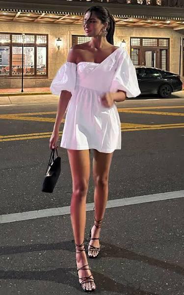 Sula Mini Dress - Asymmetric Off One Shoulder Puff Sleeve Dress in White | Cyber Monday Sale