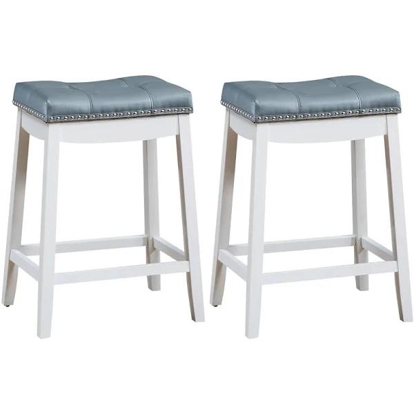 Giantex 2pcs Saddle Bar Stools Nailhead Barstools Seat Padded Counter Chair Vanity Stool w/Solid Wood Legs 64cm White