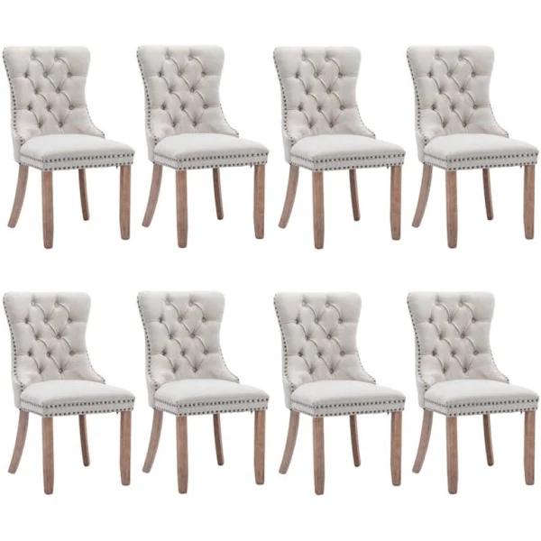 8x AADEN Modern Elegant Button Tufted Upholstered Linen Fabric With Studs Trim And Wooden Legs Dining Side Chair Beige