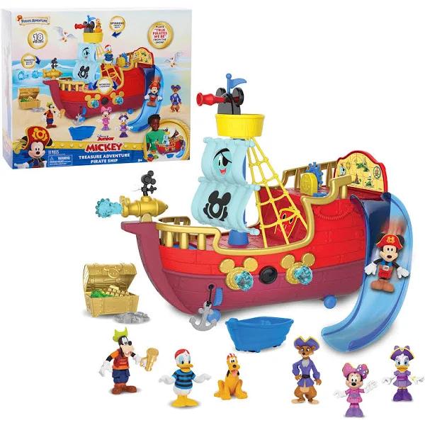 Disney Junior Mickey Mouse Funhouse Treasure Adventure Pirate Ship with Bonus Figures, 18-Piece Toy Figures and Playset, Officially Licensed Kids Toys