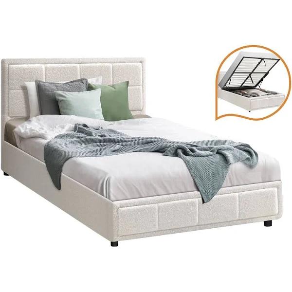 Oikiture Bed Frame King Single Gas Lift Storage Base Boucle White