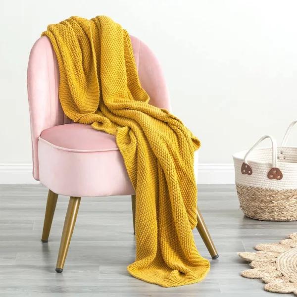 Renee Taylor Moss Seed Stitch Cotton Knitted Throw 130 x 170 CMS Mustard