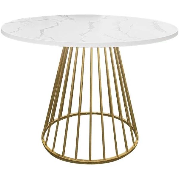 Matilda Round Kitchen Dining Table 110cm w/ Powdercoated Legs - Faux Laminate Marble/Gold