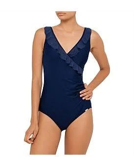 Jantzen Cosmopolitan Mesh Frill Cross Front One Piece Swimsuit in Navy, Size 12 AU