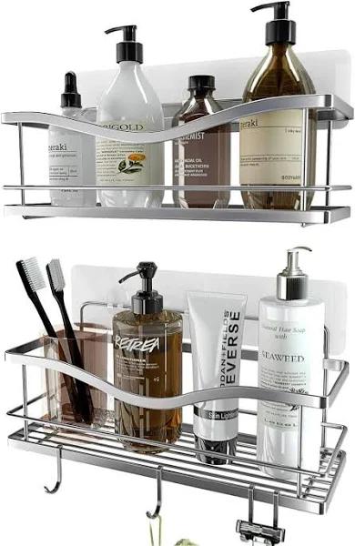 KINCMAX Shower Caddy, Rustproof SUS304 Stainless Steel, Adhesive Wall Mount Baskets With Hooks (Polished Silver)