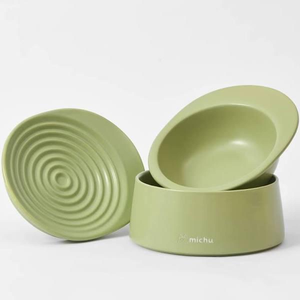 Michu Premium Ceramic Cat Bowl Set, Avocado Green