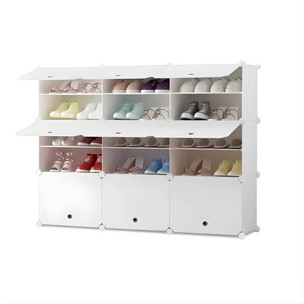 SOGA 5 Tier 3 Column White Shoe Rack Organizer Sneaker Footwear Storage Stackable Stand Cabinet Portable Wardrobe With Cover