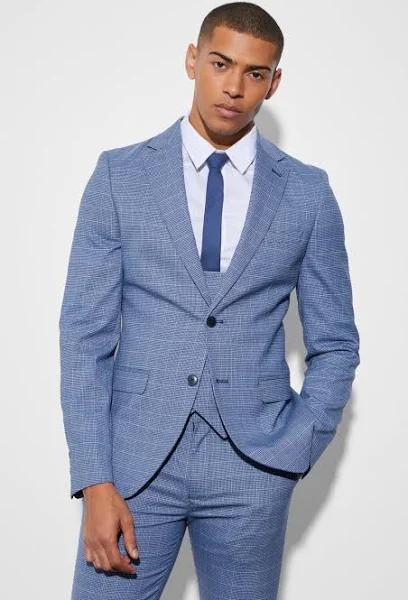 boohooMAN Men's Skinny Single Breasted Micro Check Jacket